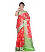 Red woven organza saree with blouse