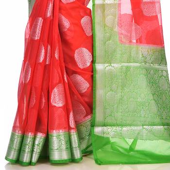 Red woven organza saree with blouse 2