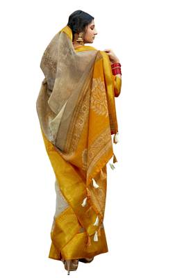 Beige printed cotton silk saree with blouse 1