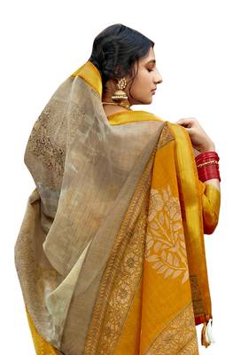 Beige printed cotton silk saree with blouse 2