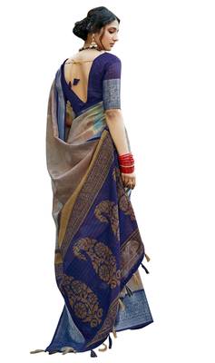 Beige printed cotton silk saree with blouse 1