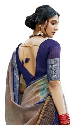 Beige printed cotton silk saree with blouse 2