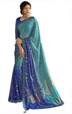 Blue printed brasso saree with blouse 1