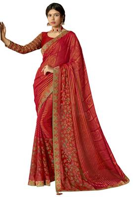 Red printed brasso saree with blouse 1