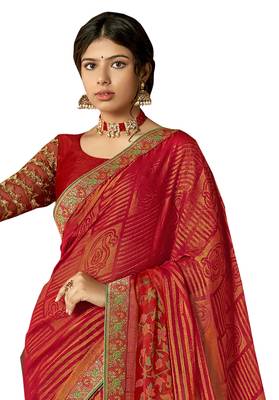 Red printed brasso saree with blouse 2