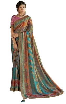 Turquoise printed brasso saree with blouse 1