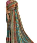Turquoise printed brasso saree with blouse