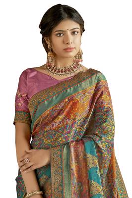 Turquoise printed brasso saree with blouse 2