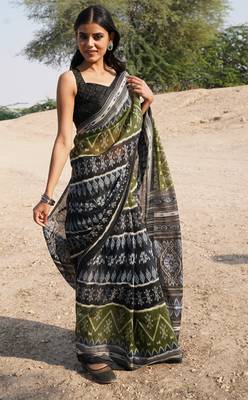 Green printed cotton saree with blouse 1