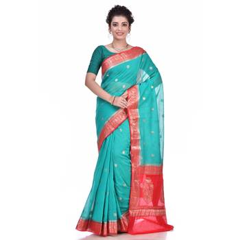 Dark green woven chiffon saree with blouse 1