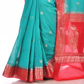 Dark green woven chiffon saree with blouse 2