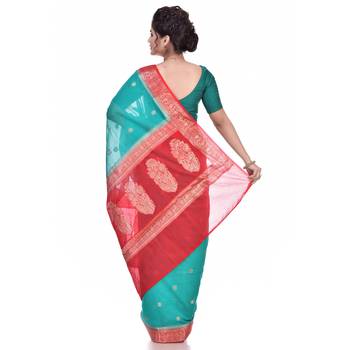 Dark green woven chiffon saree with blouse 3