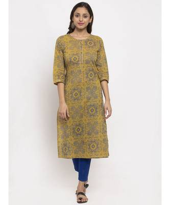 Tag 7 Women Mustard And Blue Printed Cotton Kurta 1