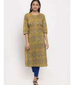 Tag 7 Women Mustard And Blue Printed Cotton Kurta