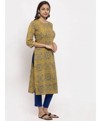 Tag 7 Women Mustard And Blue Printed Cotton Kurta 2