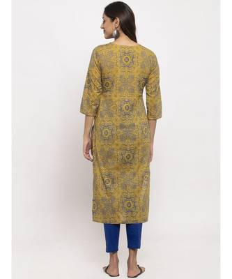 Tag 7 Women Mustard And Blue Printed Cotton Kurta 3