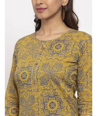 Tag 7 Women Mustard And Blue Printed Cotton Kurta 4