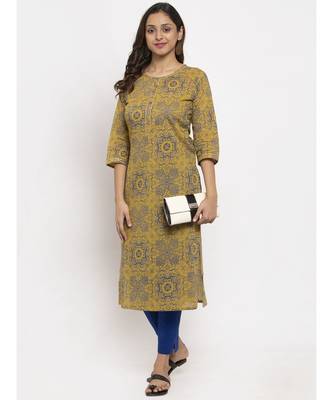 Tag 7 Women Mustard And Blue Printed Cotton Kurta 5