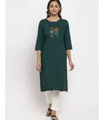 Tag 7 Women Bottle Green Embroidered Kurta