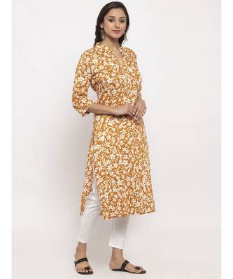 Tag 7 Women Mustard And White Floral Print Cotton Kurta 2