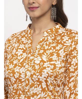 Tag 7 Women Mustard And White Floral Print Cotton Kurta 3