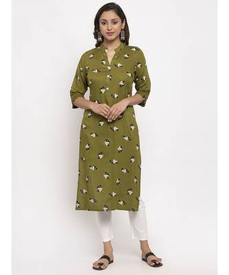 Tag 7 Women Olive Green Geometric Print Kurta 1