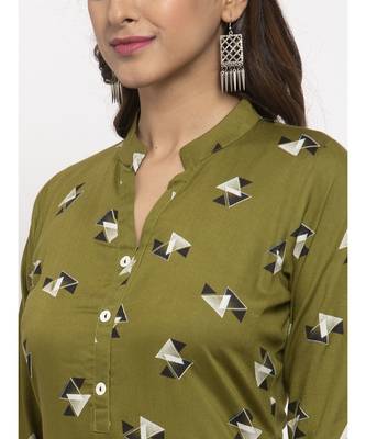 Tag 7 Women Olive Green Geometric Print Kurta 5