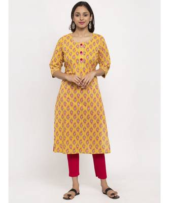 Tag 7 Women Yellow Block Print Cotton Kurta 1