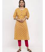 Tag 7 Women Yellow Block Print Cotton Kurta