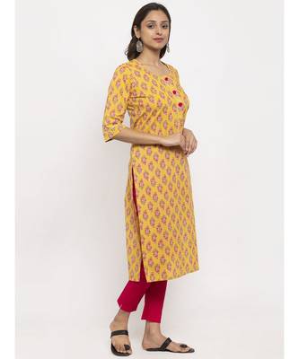 Tag 7 Women Yellow Block Print Cotton Kurta 2