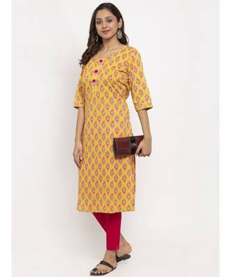 Tag 7 Women Yellow Block Print Cotton Kurta 4