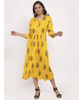 Tag 7 Women Yellow Floral Block Print A Line Dress 1