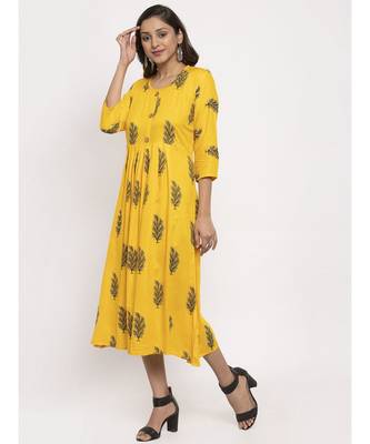 Tag 7 Women Yellow Floral Block Print A Line Dress 2