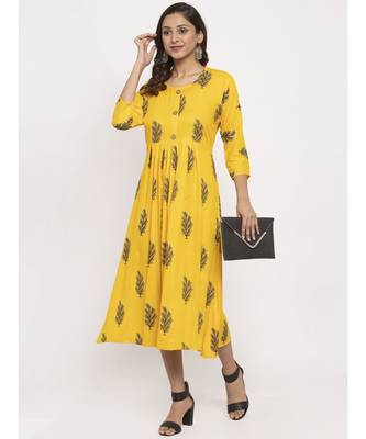 Tag 7 Women Yellow Floral Block Print A Line Dress 5