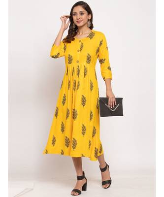 Tag 7 Women Yellow Floral Block Print A Line Dress 6