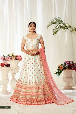 Light-green thread embroidery net semi stitched lehenga 1
