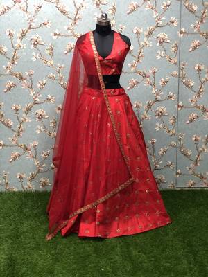 Red embroidered art silk semi stitched lehenga 1