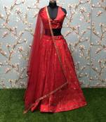 Red embroidered art silk semi stitched lehenga