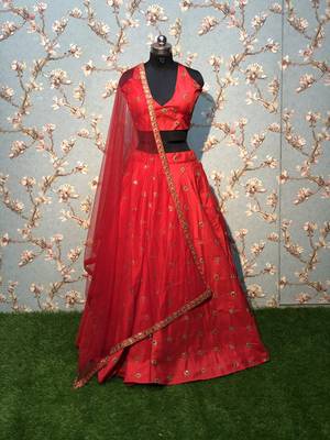 Red embroidered art silk semi stitched lehenga 2