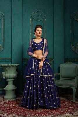 Navy-blue embroidered art silk semi stitched lehenga 1