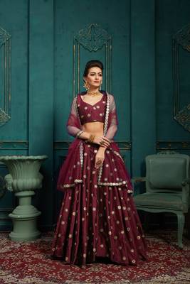 Maroon embroidered art silk semi stitched lehenga 1