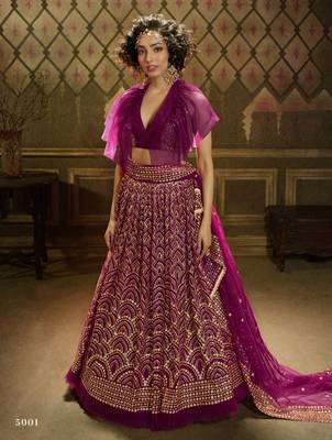 Wine sequins embroidered net Semi Stitched Bridal Lehenga 1