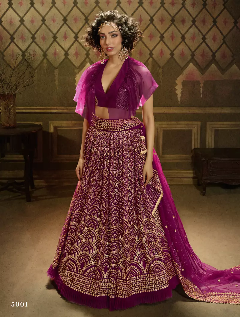 Wine sequins embroidered net Semi Stitched bridal lehenga