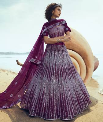 Wine embroidered net Semi Stitched Lehenga 1