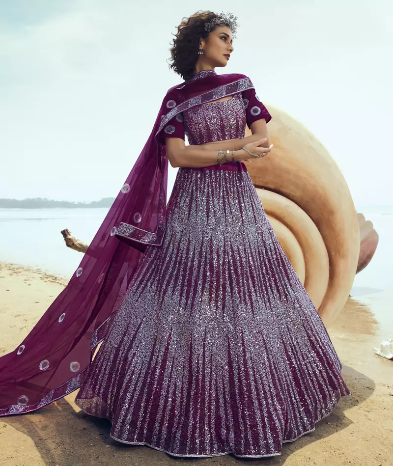 Wine embroidered net semi stitched lehenga