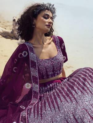 Wine embroidered net Semi Stitched Lehenga 2