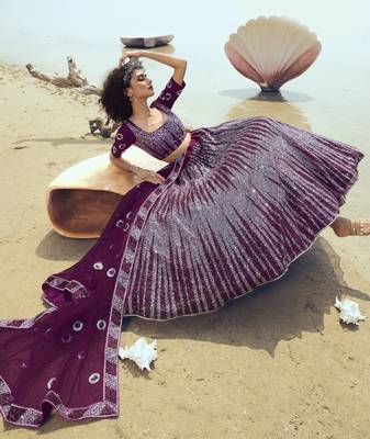Wine embroidered net Semi Stitched Lehenga 3