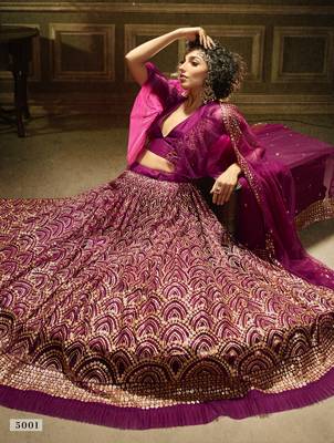 Wine sequins embroidered net Semi Stitched Bridal Lehenga 4