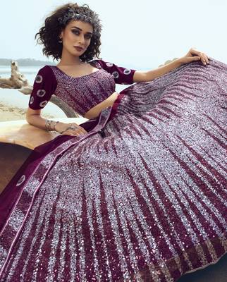 Wine embroidered net Semi Stitched Lehenga 4