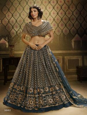 Dark-green sequins embroidered net Semi Stitched Bridal Lehenga 1
